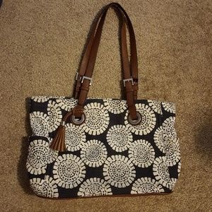 Merona navy and cream tote bag with brown strap